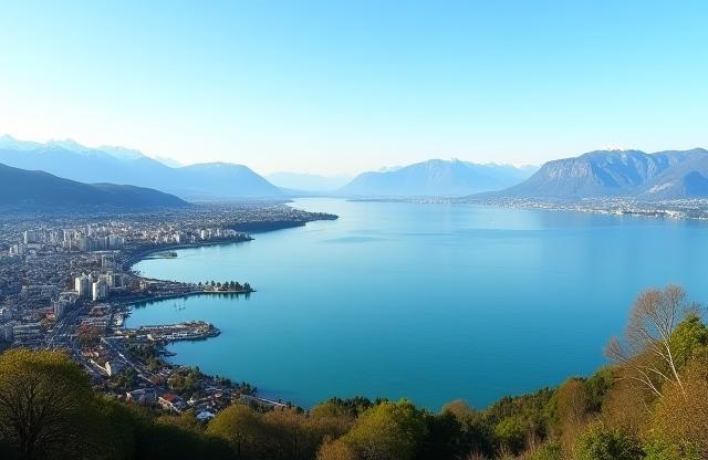 Panoramic view of Lake Zurich with the city and mountains in the background